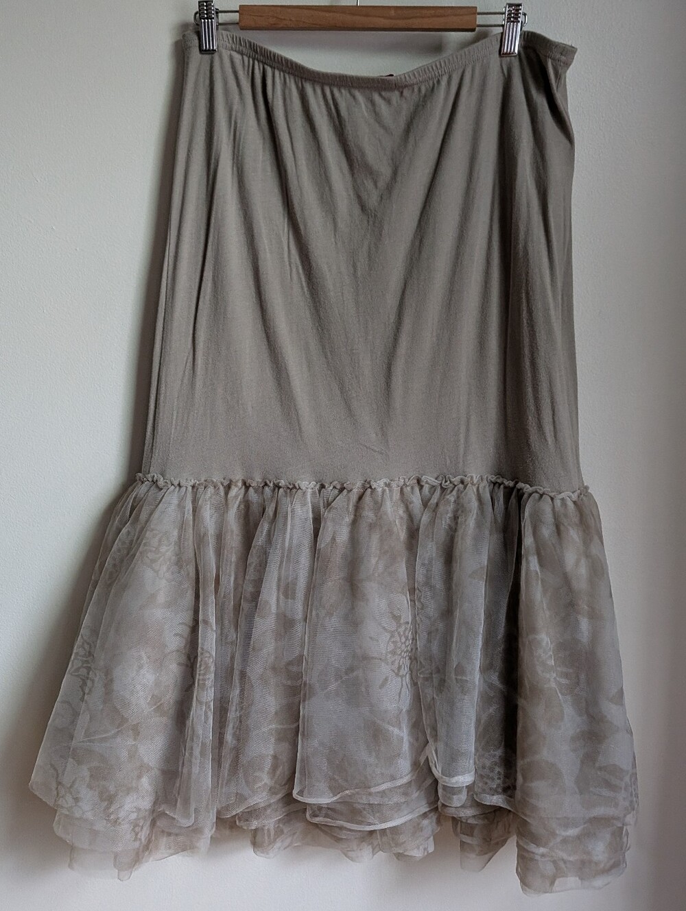 French Beige Abstract Tiered Tulle Cotton Ruffled Maxi Skirt Size Extra-Large - Picture 11 of 11